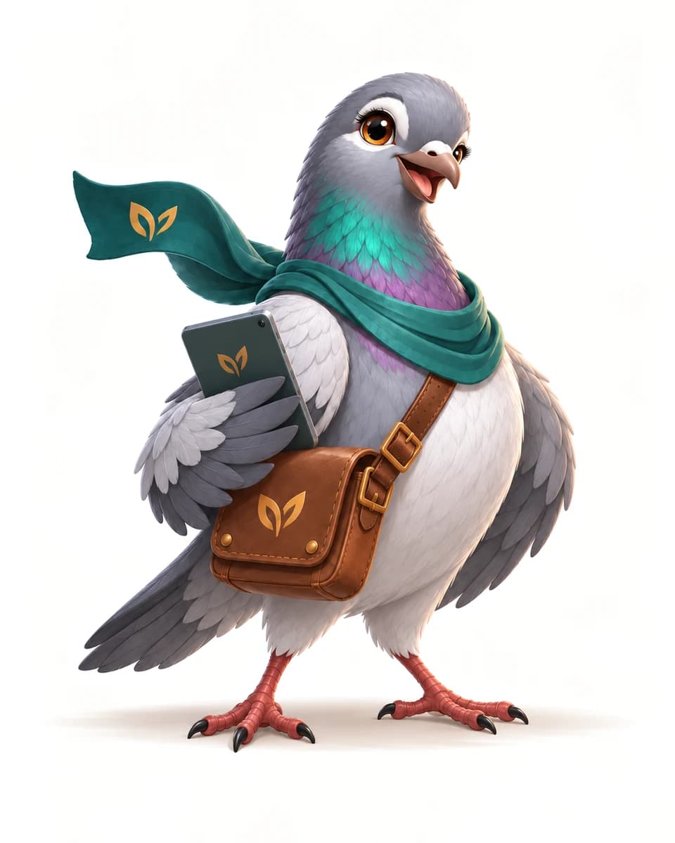 O pombo-correio da Agnora, com cachecol verde, bolsa de couro e um tablet